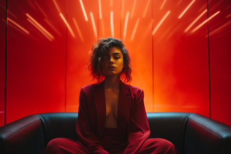 a woman in a red suit sitting on a black couchの素材