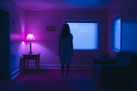 a woman in a white dress standing in a dark roomの素材