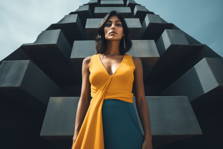 a woman in a yellow dress and blue skirt standing in front of some cubesの素材