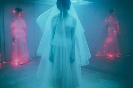 a woman in a wedding dress standing in front of a mirrorの素材