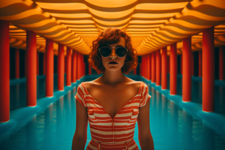 a woman in a striped dress and sunglasses stands in front of a poolの素材