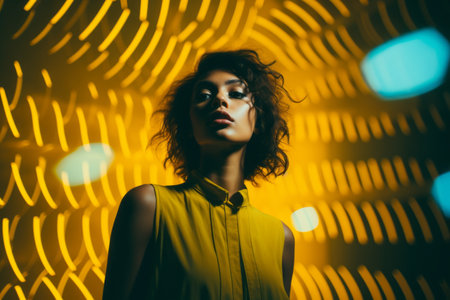a woman in a yellow dress standing in front of yellow lightsの素材