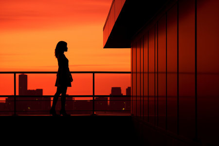 a woman is silhouetted against a red skyの素材