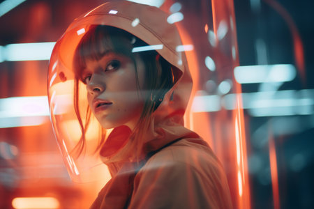 a woman in an orange jacket and helmet is in front of neon lightsの素材