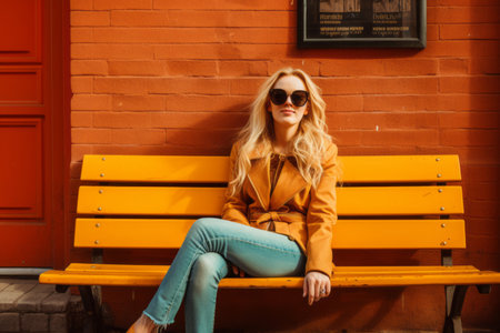 a woman in sunglasses sitting on a yellow benchの素材