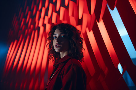 a woman standing in front of a red wallの素材