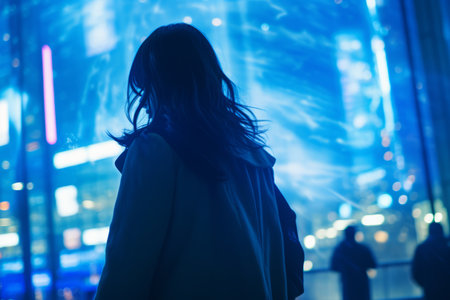 a woman standing in front of a building at nightの素材