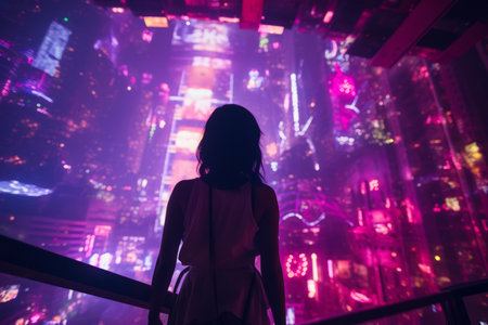 a woman standing in front of neon lights in a cityの素材