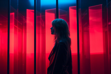 a woman standing in front of red and blue lightsの素材