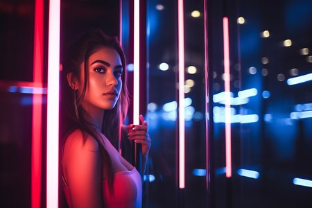 a woman standing in front of neon lightsの素材