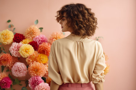 a woman is standing in front of pink flowersの素材