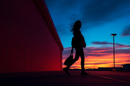 a woman walking down the street with a bagの素材