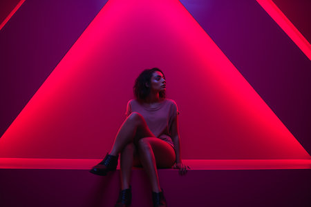 a woman sitting in front of a red triangleの素材