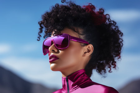 a woman wearing purple sunglasses and a pink topの素材