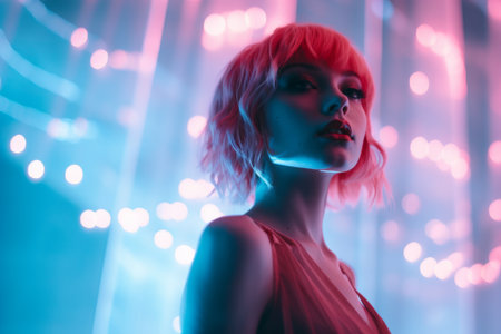 a woman with pink hair standing in front of neon lightsの素材