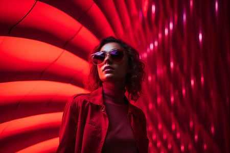 a woman wearing sunglasses in front of a red lightの素材