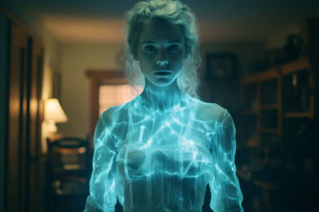 a woman with glowing blue skin standing in a dark roomの素材