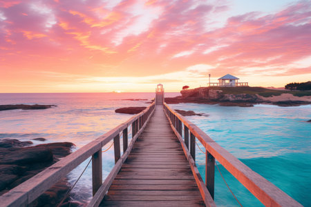 a wooden bridge over the ocean at sunsetの素材