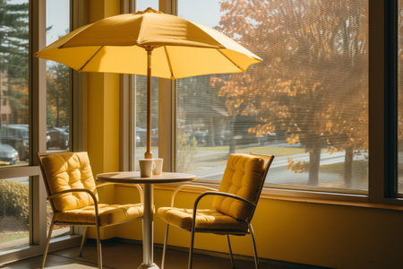 a yellow table and chairs in front of a windowの素材