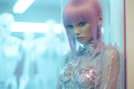 a woman with pink hair standing in front of a mirrorの素材