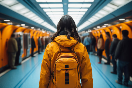 a woman with a backpack standing in an empty subway stationの素材