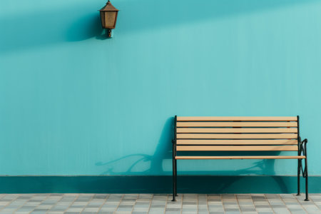 a wooden bench against a blue wallの素材
