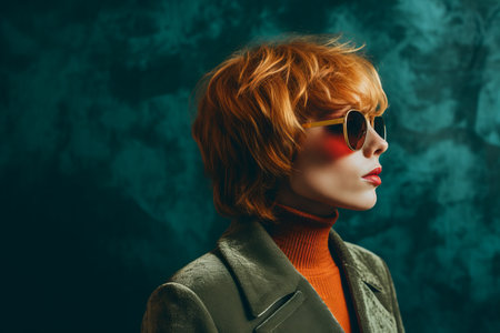 a woman with red hair wearing sunglasses and an orange sweaterの素材