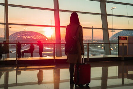 a woman with a suitcase at an airportの素材