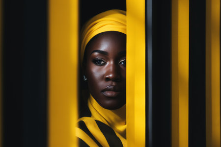 an african woman in a yellow headscarf looking out from behind barsの素材
