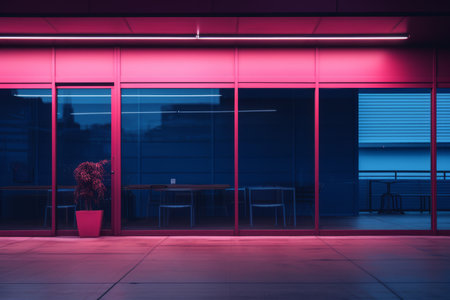 an empty building with pink lights and a potted plantの素材