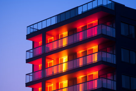 an apartment building lit up with red and orange lightsの素材