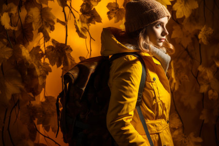 a young woman in yellow jacket and backpack standing in front of autumn leavesの素材