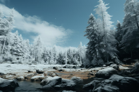 an infrared image of a river in a snowy forestの素材
