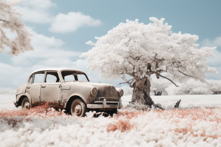 an old car sits in the middle of a fieldの素材