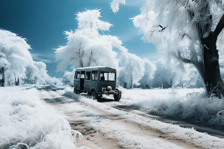 an old school bus is driving down a snowy roadの素材