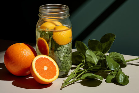 an orange spinach and water in a jar on a tableの素材