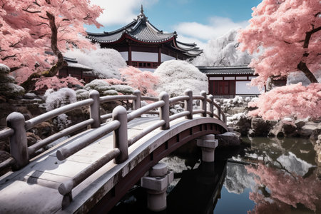 an oriental bridge over a pond with pink treesの素材
