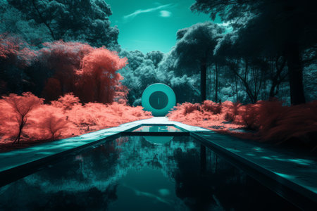 an infrared image of a pond surrounded by treesの素材