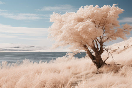 an infrared image of a tree on the shore of a body of waterの素材