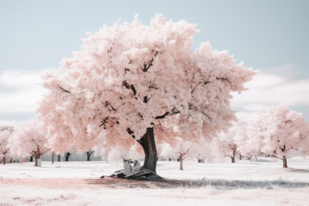 an infrared image of a pink tree in the middle of a fieldの素材