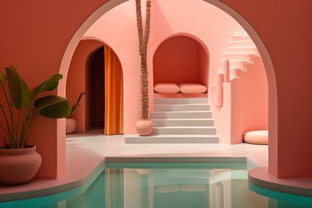 an archway leads to a pool in a pink houseの素材