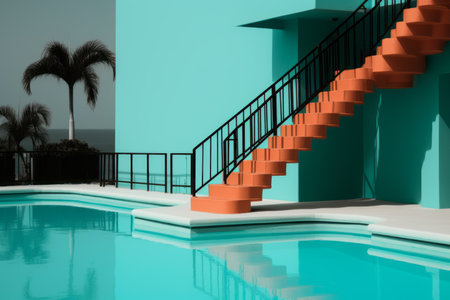 an orange stairway leads up to a swimming poolの素材