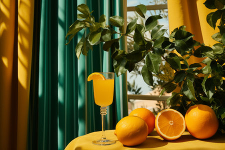 an orange and a glass of champagne sit on a table next to a plantの素材