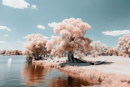 an infrared image of a lake and treesの素材