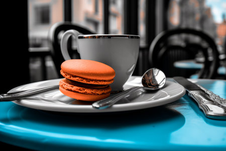 an orange macaroon sitting on a white plate next to a cup of coffeeの素材