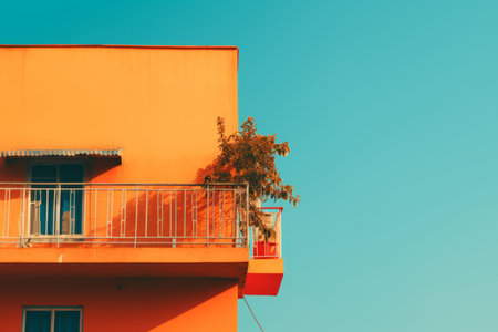 an orange building with a balcony and a plant on the balconyの素材