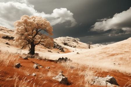an infrared image of a tree in the middle of a fieldの素材