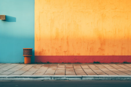 an orange fire hydrant sits in front of a colorful wallの素材