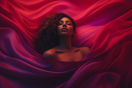 beautiful woman lying on red fabric with her eyes closedの素材