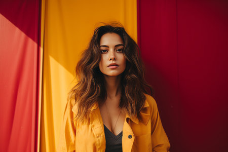 beautiful young woman in yellow jacket standing in front of red and yellow striped wallの素材